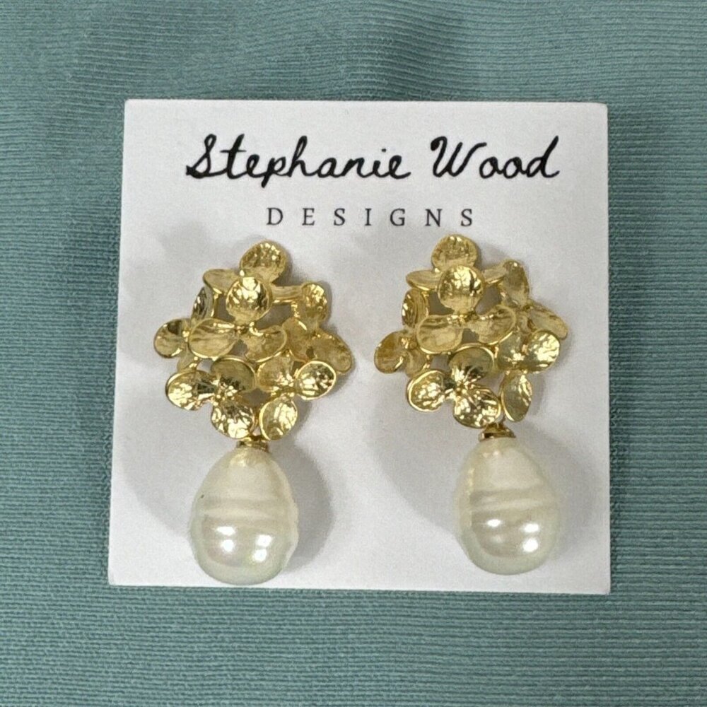 Stephanie Wood Designs Gold Tone Faux Pearl Drop Chunky Earrings New